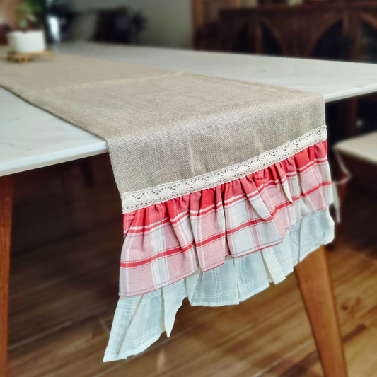 Rustic Modern Table Runner for 6 or 8 seater dining - Jute with Red Double Frills