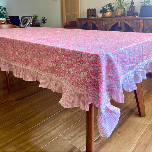 100% Cotton Block Print Table Cloth for 6 or 8 seater dining - Pink jaipuri Print with Frills