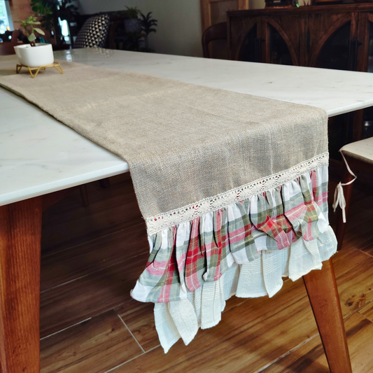 Rustic Modern Table Runner for 6 or 8 seater dining - Jute with Green Double Frills