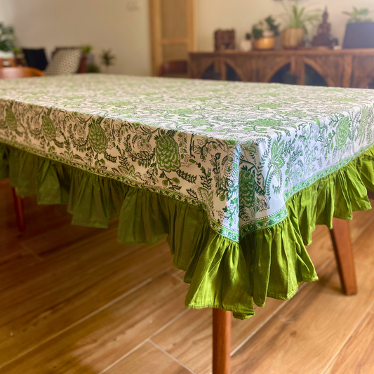 100% Cotton Block Print Table Cloth for 6 or 8 seater dining - Green Jaipuri Print with Green Frills