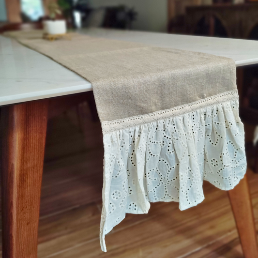 Rustic Modern Table Runner for 6 or 8 seater dining - Jute with floral hakoba frill