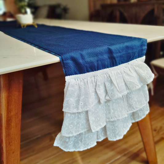 Chic Modern Table Runner for 6 or 8 seater dining - Navy Blue with triple frills