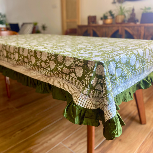 100% Cotton Block Print Table Cloth for 6 or 8 seater dining - Green Jaipuri Print with Dark Green Frills