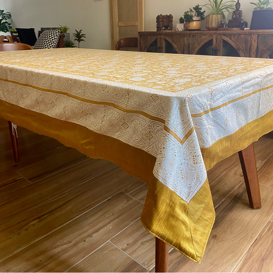 100% Cotton Block Print Table Cloth for 6 or 8 seater dining - Mustard Jaipuri Print with Frills