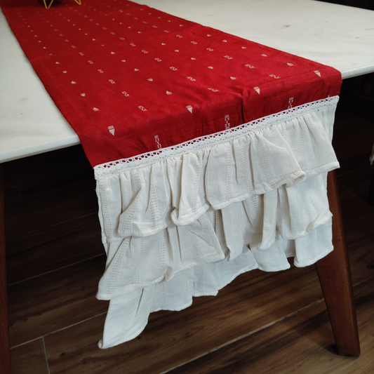 Chic Modern Table Runner for 6 or 8 seater dining -Red with triple frills