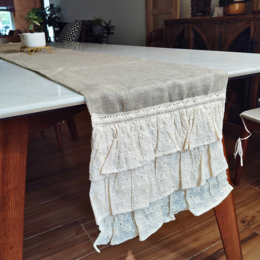 Rustic Modern Table Runner for 6 or 8 seater dining - Jute with triple hakoba frills